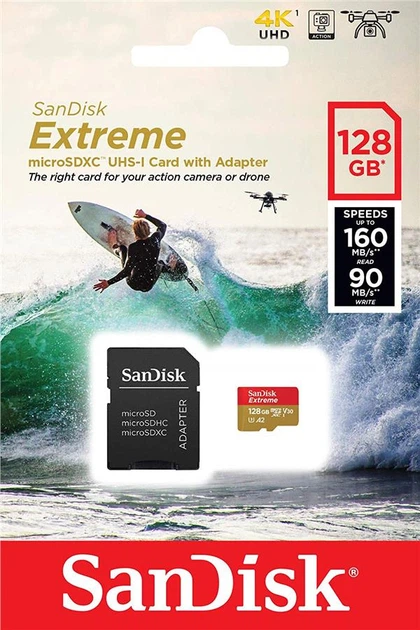 Карта памяти SanDisk 128GB microSDXC C10 UHS-I U3 R160/W90MB/s Extreme V30 + SD (SDSQXA1-128G-GN6AA) - изображение 2