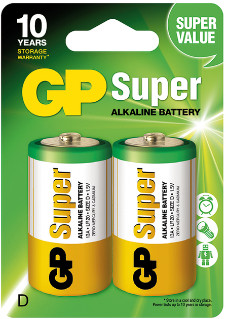 Лужні батарейки GP SUPER ALKALINE 1.5 V 13A-U2, LR20, D 2 шт. (4891199220142) - зображення 1