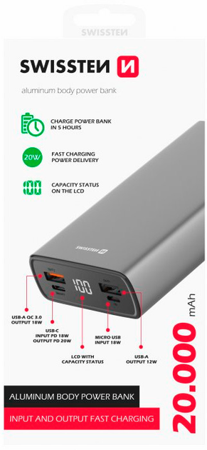 УМБ Swissten Aluminium 20000 mAh 20W Power Delivery Black (22013916) - зображення 2