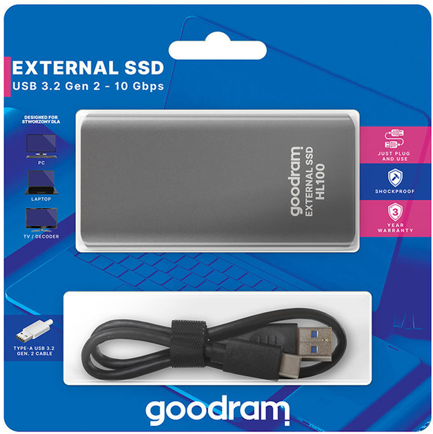 Dysk SSD Goodram HL100 1TB USB 3.2 Type-C TLC Black (SSDPR-HL100-01T) Zewnętrzny - obraz 4