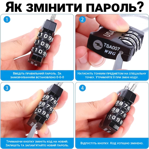 Замок навесной с 3-значным кодом для багажа USafe CP04, подвесная колодка с гибким тросом, комбинацией и доступом TSA - изображение 7