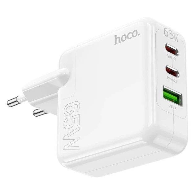 Мережевий зарядний пристрій HOCO Header three-port C115A |1USB/2Type-C, 65W/3A, PD/QC| white - Фото 2 Мережевий зарядний пристрій HOCO Header three-port C115A |1USB/2Type-C, 65W/3A, PD/QC| white - зображення 2