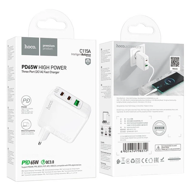 Мережевий зарядний пристрій HOCO Header three-port C115A |1USB/2Type-C, 65W/3A, PD/QC| white - Фото 8 Мережевий зарядний пристрій HOCO Header three-port C115A |1USB/2Type-C, 65W/3A, PD/QC| white - зображення 8