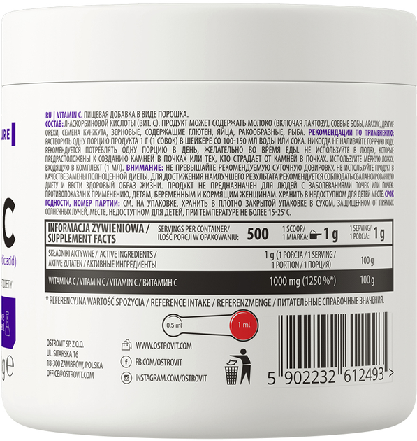 Suplement diety OstroVit Supreme Pure Vitamin C 500 g (5902232612493) - obraz 2