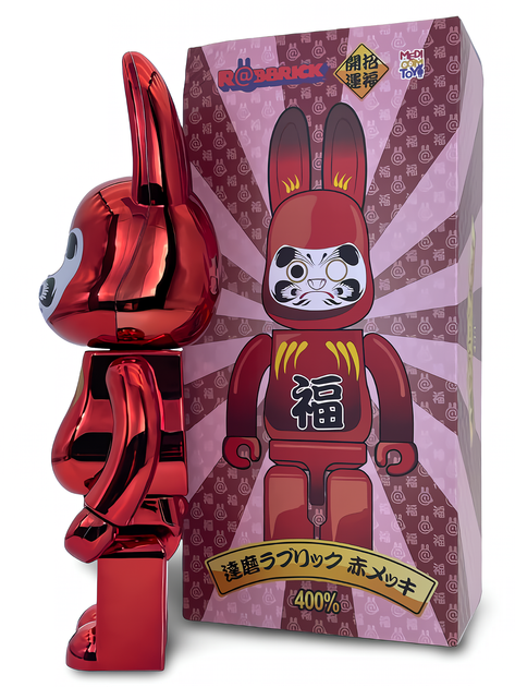 Статуэтка Bearbrick x Daruma x Rabbit Red 400% 28 см Medicom Toy Хромированный заяц - изображение 3