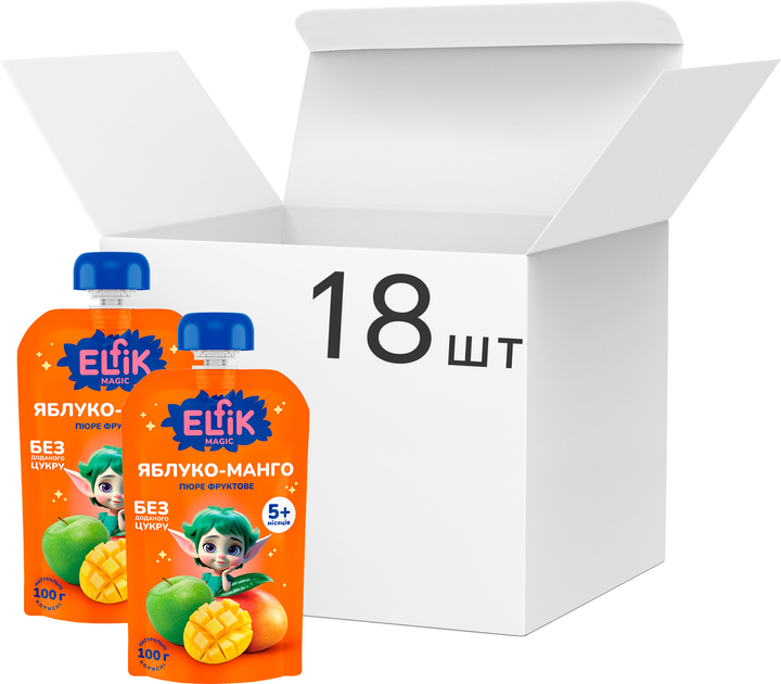 Упаковка детского пюре Elfik Magic из яблок и манго без сахара 100 г х 18 шт (4820266361334) - изображение 1