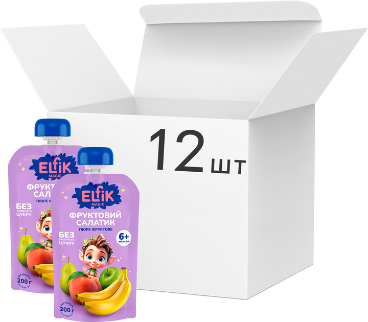 Упаковка детского пюре Elfik Magic Фруктовый салатик из яблок, груши, персика и банана без сахара 200 г х 12 шт (4820266361280) 