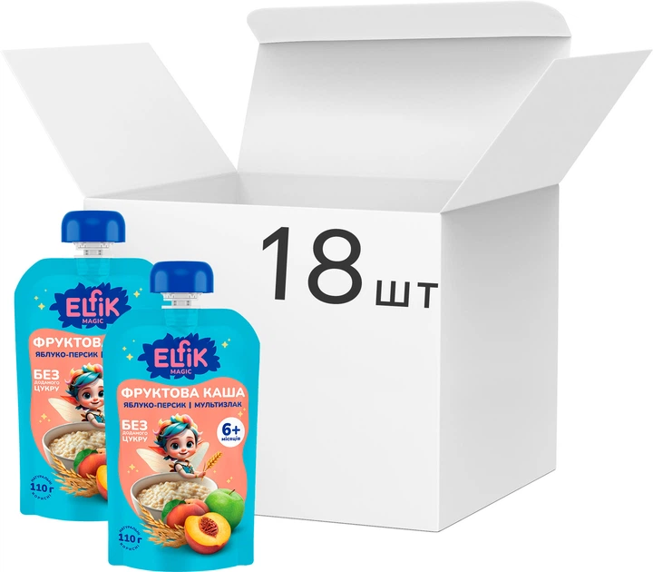 Упаковка фруктовой каши Elfik Magic из яблок, мультизлаковой каши и персиков без сахара для детского питания 110 г х 18 шт (4820266361426) - Фото 1 Упаковка фруктовой каши Elfik Magic из яблок, мультизлаковой каши и персиков без сахара для детского питания 110 г х 18 шт (4820266361426) - изображение 1