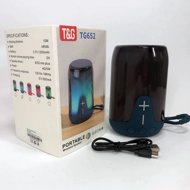 Аккумуляторная переносная колонка TG 652 5W с RGB подсветкой и ремешком, блютуз колонка. Цвет: синий - изображение 2