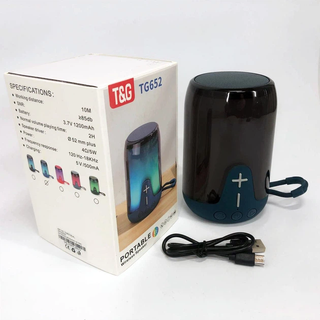 Аккумуляторная переносная колонка TG 652 5W с RGB подсветкой и ремешком, блютуз колонка. Цвет: синий - изображение 9