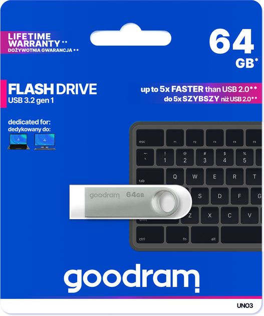 Флеш пам'ять USB Goodram UNO3 64GB USB 3.2 Steel (UNO3-0640S0R11) - зображення 1