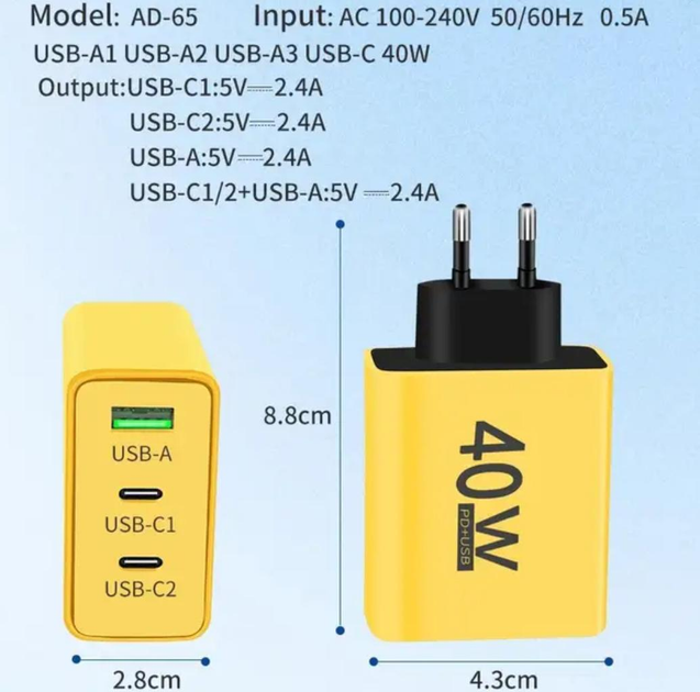 Зарядное устройство Блок питания для телефона AD65 40W 2 Type-C USB ...