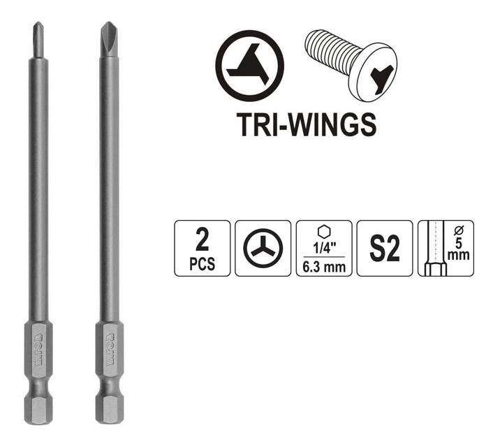 Бита Трехгранная TRI-WING ( №0 и №1 ) L=100 мм Набор 2 шт YATO (YT-0493) - Фото 1 Бита Трехгранная TRI-WING ( №0 и №1 ) L=100 мм Набор 2 шт YATO (YT-0493) - изображение 1