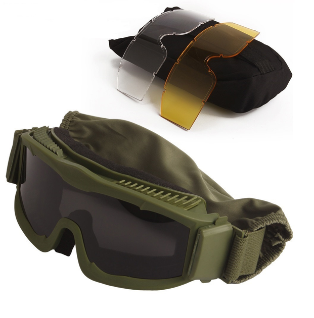 Тактические очки защитная маска с креплениями на каску с 3 сменными линзами Олива-толщина линз 3 мм - изображение 1