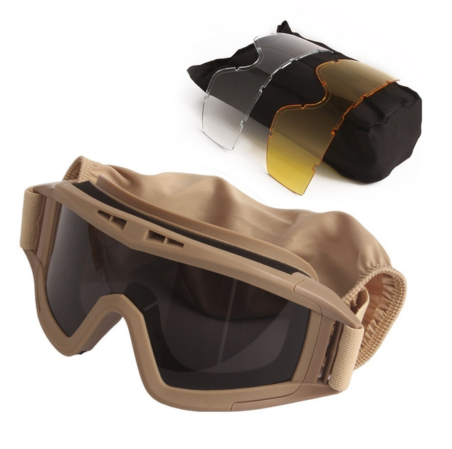 Тактичні окуляри захисна маска із кріпленнями на каску із 3 змінними лінзами Койот - зображення 1