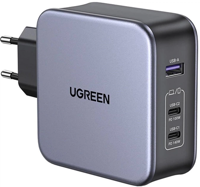 Зарядное устройство UGREEN CD289 140W 2xType-C PD, USB-A GaN Wall Charger + Type-C PD Cable Grey (90549) - изображение 2