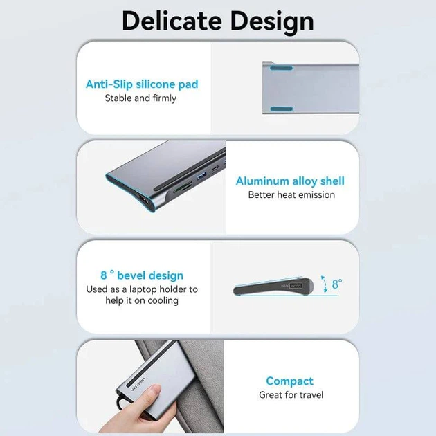 Док-станція USB3.1 Type-C --> HDMI/VGA/USB3.0x3/RJ45/SD/TF/TRRS 3.5mm/PD 100W Vention 11in1 - Фото 6 Док-станція USB3.1 Type-C --> HDMI/VGA/USB3.0x3/RJ45/SD/TF/TRRS 3.5mm/PD 100W Vention 11in1 - изображение 6