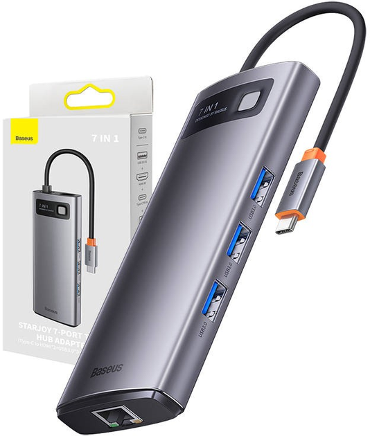 Хаб USB-C 7в1 Baseus Metal Gleam Series 3 x USB 3.0 + 2 x HDMI + USB-C PD + Ethernet RJ45 Gray (WKWG040113) - зображення 1