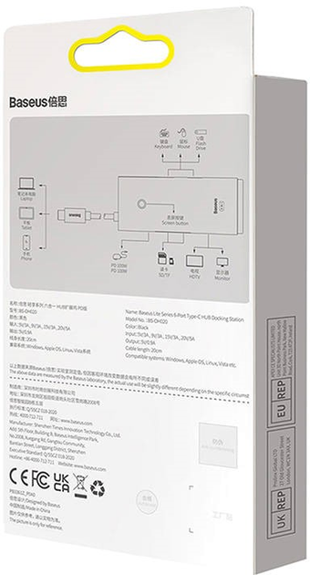 Hub USB Type-C Baseus OS Lite 6-Port HDMI + USB 3.0 x 2 + PD + SD/TF Black (WKQX080301) - obraz 8