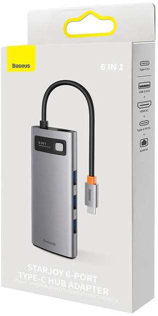 Hub USB-C 6w1 Baseus StarJoy Series HDMI + 3 x USB 3.0 + USB-C PD + RJ45 Dark Gray (WKWG080013) - obraz 9