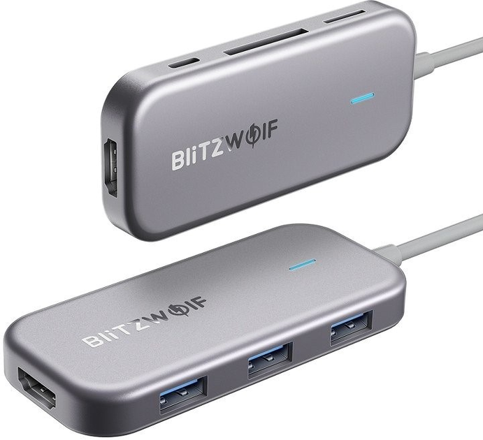 Adapter Hub USB-C 7w1 Blitzwolf BW-TH5 3 x USB 3.0, HDMI, USB-C PD, SD, microSD Gray (5907489601665) - obraz 1