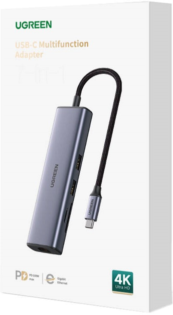 Adapter Hub USB-C Ugreen 2 x USB 3.0 + HDMI + RJ45 + SD/TF Gray (6957303895687) - obraz 1