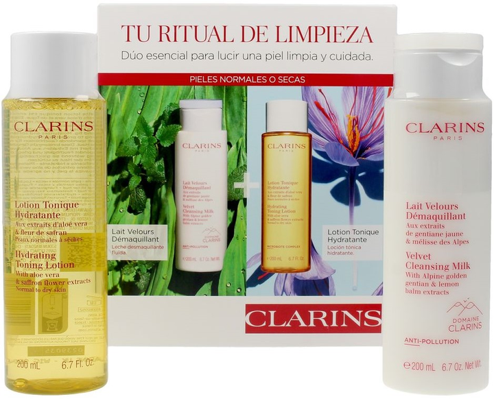 Zestaw do pielęgnacji twarzy Clarins Duo Cleansing Normal and Dry Skin Mleczko oczyszczające 200 ml + Tonizujący lotion nawilżający z wyciągiem z aloesu i kwiatu szafranu 200 ml (3666057206146) - obraz 1