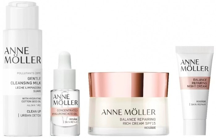 Набір для догляду за обличчям Anne Moller Rosage Balance Rich Repairing Денний крем SPF 15 50 мл + Нічний крем 15 мл + Гель з гіалуроновою кислотою 5 мл + Очищувальне молочко 60 мл (8058045438496) - зображення 3