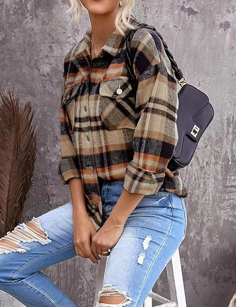 Жіноча фланельна куртка-сорочка Gnveub Oversized Flannel Shirt Jackets Color: Khaki M - Фото 3 Жіноча фланельна куртка-сорочка Gnveub Oversized Flannel Shirt Jackets Color: Khaki M - зображення 3