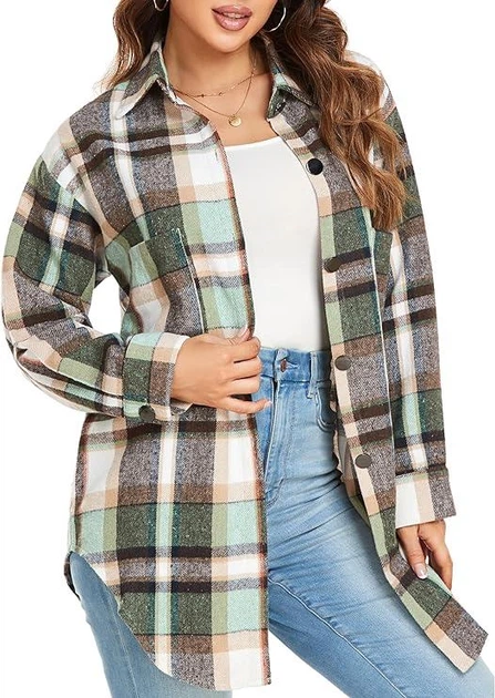 Жіноча фланельна куртка-сорочка YVH Oversized Flannel Shirt Jacket Color: Green XL - изображение 2