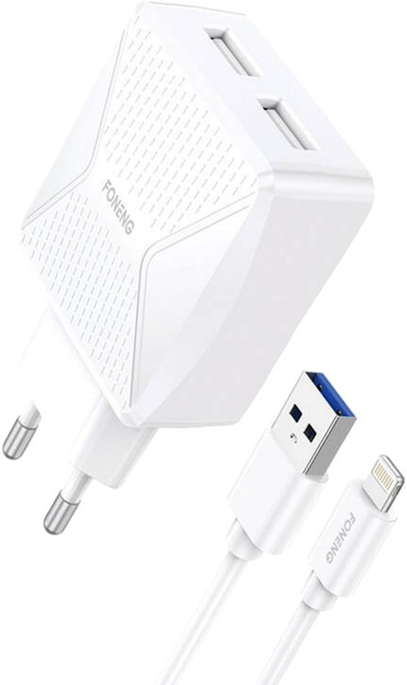Ładowarka sieciowa Foneng 2 x USB z kablem USB - Lightning 2.4 A Biała (EU35 Lightning) - obraz 1