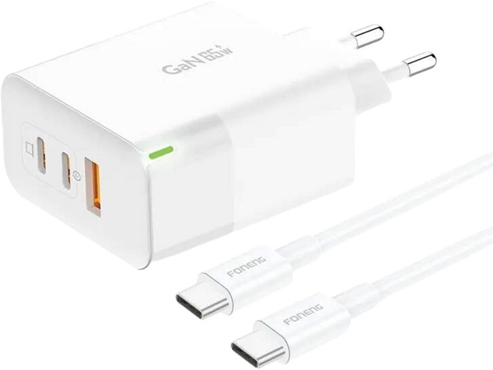 Мережевий зарядний пристрій Foneng USB-A 2 x USB-C GaN 65W з кабелем USB-C White (GAN65 C-C) - зображення 1