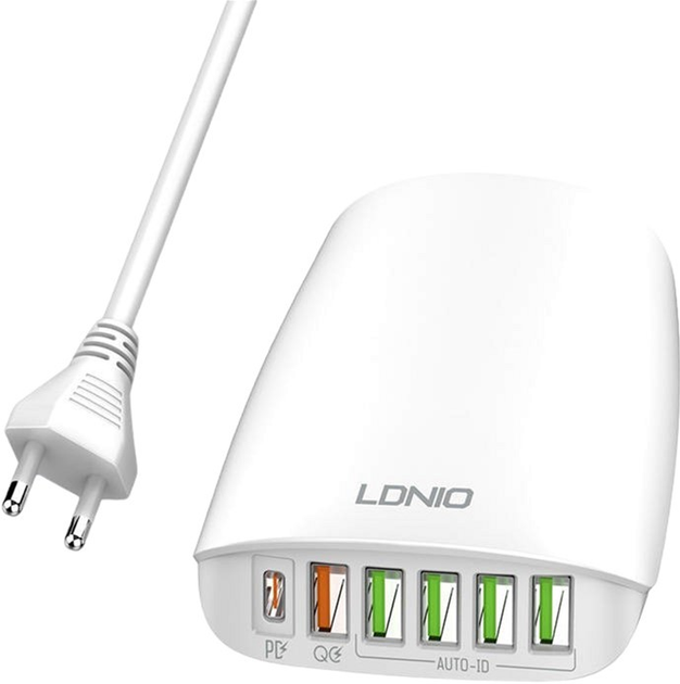 Мережевий зарядний пристрій Ldnio USB - USB-C 65 W + кабель живлення White (A6573C Power Cord) - зображення 1