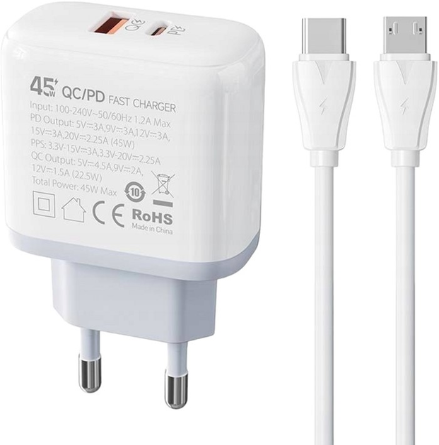 Мережевий зарядний пристрій Ldnio USB-C 45 W + кабель MicroUSB 45 W (A2526C Micro) - зображення 1