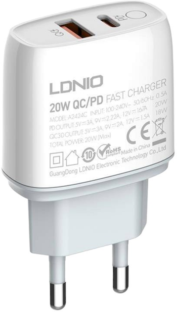 Мережевий зарядний пристрій Ldnio USB-C 20 W + кабель Lightning (A2424C Lightning) - зображення 2