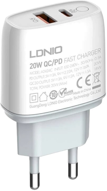 Мережевий зарядний пристрій Ldnio USB-C 20 W + кабель USB-C (A2424C Type-C) - зображення 2