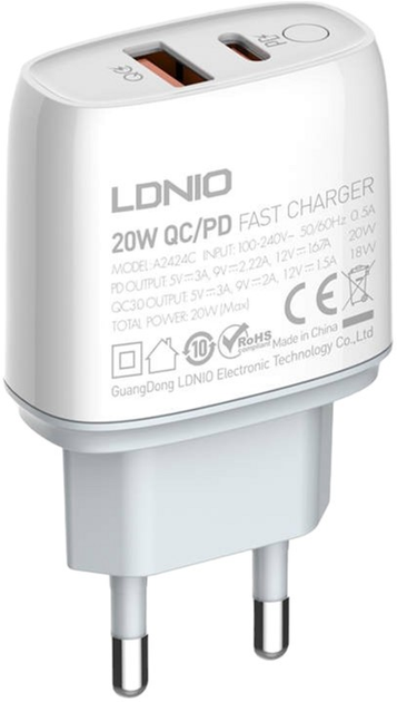 Ładowarka sieciowa Ldnio USB-C 20 W + Kabel USB-C - Lightning (A2424C Type C - lig) - obraz 2