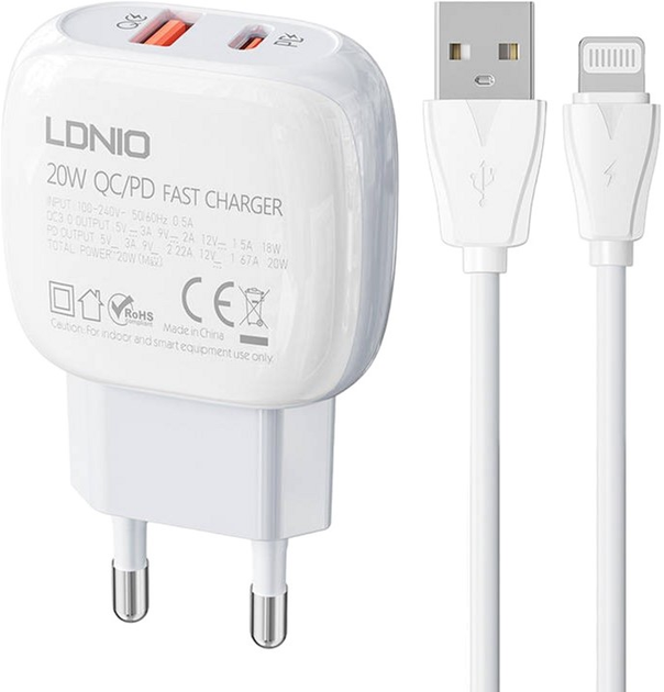 Мережевий зарядний пристрій Ldnio USB - USB-C 20W + кабель USB - Lightning (A2313C Lightning) - зображення 1