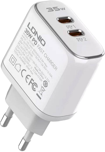 Мережевий зарядний пристрій Ldnio 2 x USB-C USB-C - Lightning 35 W (A2528M EU) - зображення 2