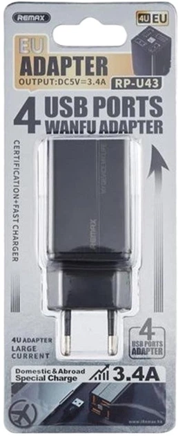 Сетевое зарядное устройство Remax 4 x USB 3.4 A Black (RP-U43 EU-black) - Фото 4 Сетевое зарядное устройство Remax 4 x USB 3.4 A Black (RP-U43 EU-black) - изображение 4