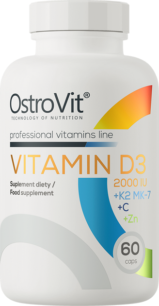 Харчова добавка OstroVit Vitamin D3 2000 IU + K2 MK-7 + C + Zn 60 капсул (5903933900407) - зображення 1