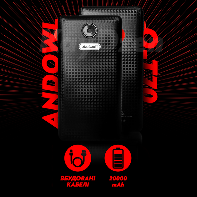 Повербанк умб 20000 mah со встроенными кабелями micro usb type c lightning Andowl Q-T70Х1 павербанк для телефона роутера устройств powerbank внешний портативный аккумулятор повербанки большой емкости черно красный - изображение 3