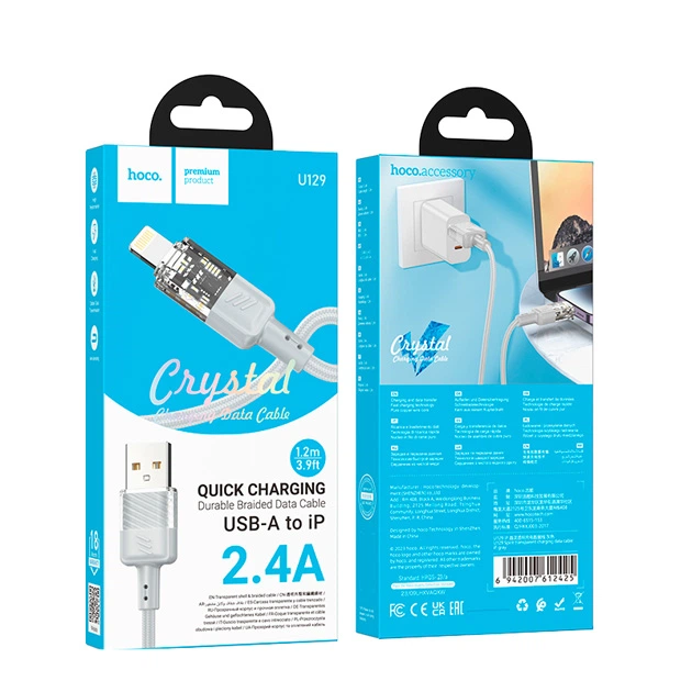 Кабель заряджання Hoco U129 USB для IP/Lightning (2.4А) (1.2М) для устройств iOs Apple iPhone Сірий - Фото 2 Кабель заряджання Hoco U129 USB для IP/Lightning (2.4А) (1.2М) для устройств iOs Apple iPhone Сірий - зображення 2