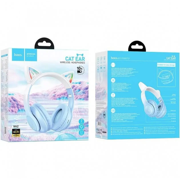 Наушники Hoco W42 Cat Ear Bluetooth с кошачьими ушками и LED подсветкой Голубые с белым - изображение 4