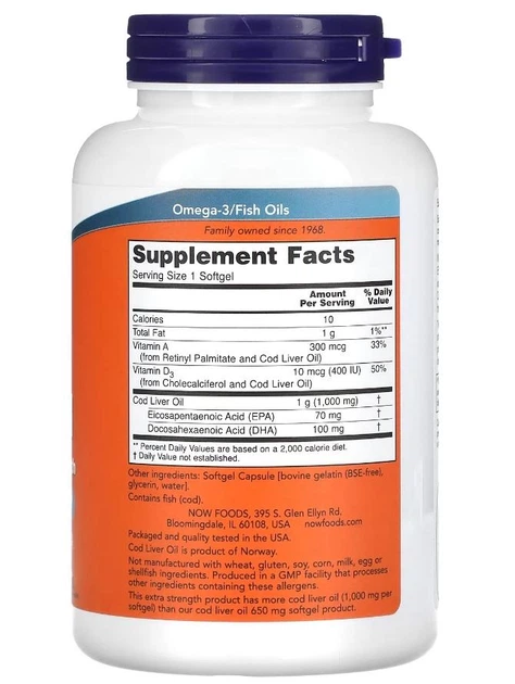 Жир печени трески Now Cod Liver Oil 180 softgels - изображение 6