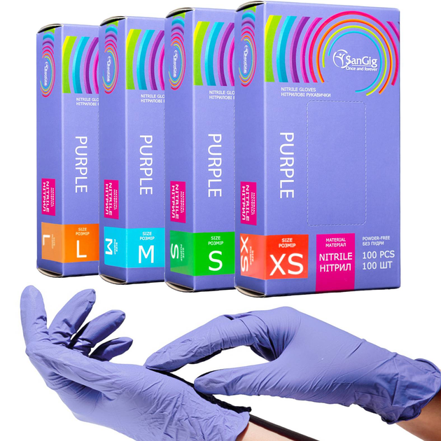 Перчатки смотровые Sangig нитриловые нестерильные Размер XS 100 шт Фиолетовые (002914) - изображение 2