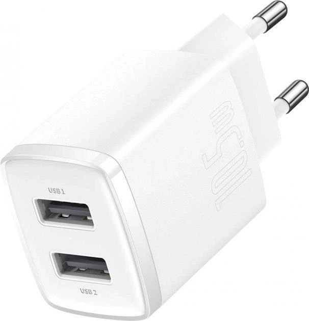 Зарядний пристрій Baseus Compact Charger 2USB 10.5W, білий, EU (CCXJ010202) - Фото 2 Зарядний пристрій Baseus Compact Charger 2USB 10.5W, білий, EU (CCXJ010202) - зображення 2