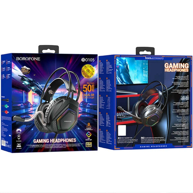 Наушники игровые проводные BOROFONE BO105 Thunder gaming headphones 2m/USB-A + штекер 3,5 мм Black - Фото 5 Наушники игровые проводные BOROFONE BO105 Thunder gaming headphones 2m/USB-A + штекер 3,5 мм Black - изображение 5