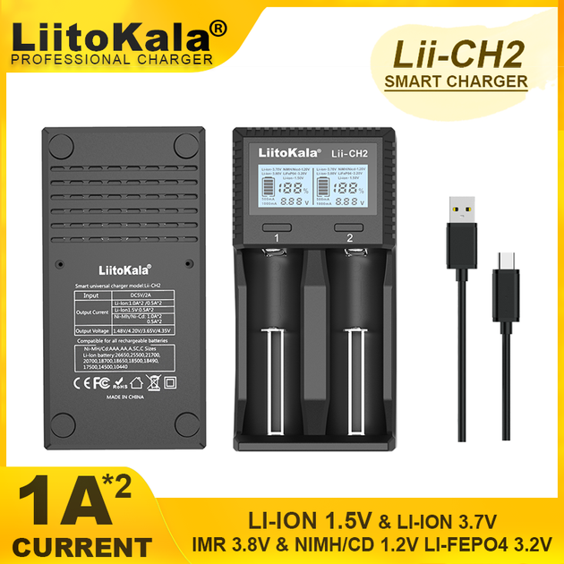 Универсальное ЗУ Liitokala Lii-CH2, 2 канала, Li-1.5/Ni-Mh/Li-ion/LiFePO4/Li-HiV, USB-C, LCD, Box - Фото 4 Универсальное ЗУ Liitokala Lii-CH2, 2 канала, Li-1.5/Ni-Mh/Li-ion/LiFePO4/Li-HiV, USB-C, LCD, Box - изображение 4