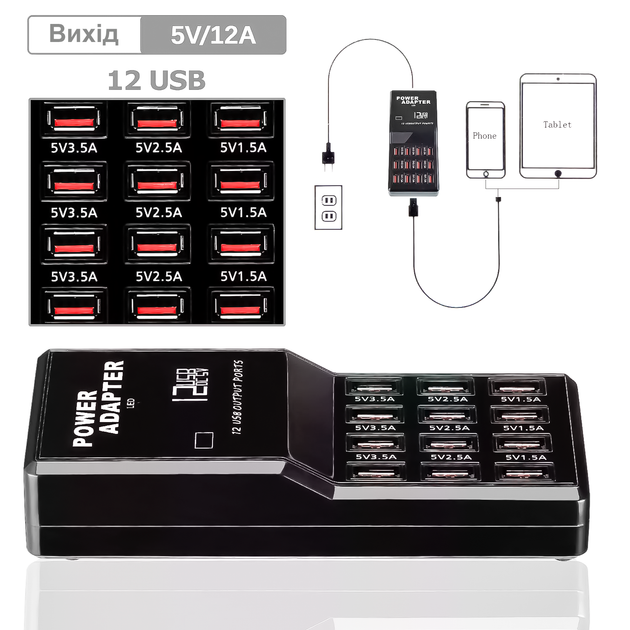 Сетевое зарядное устройство Addap WLX-858, сзу на 12 USB портов, 60W - изображение 6